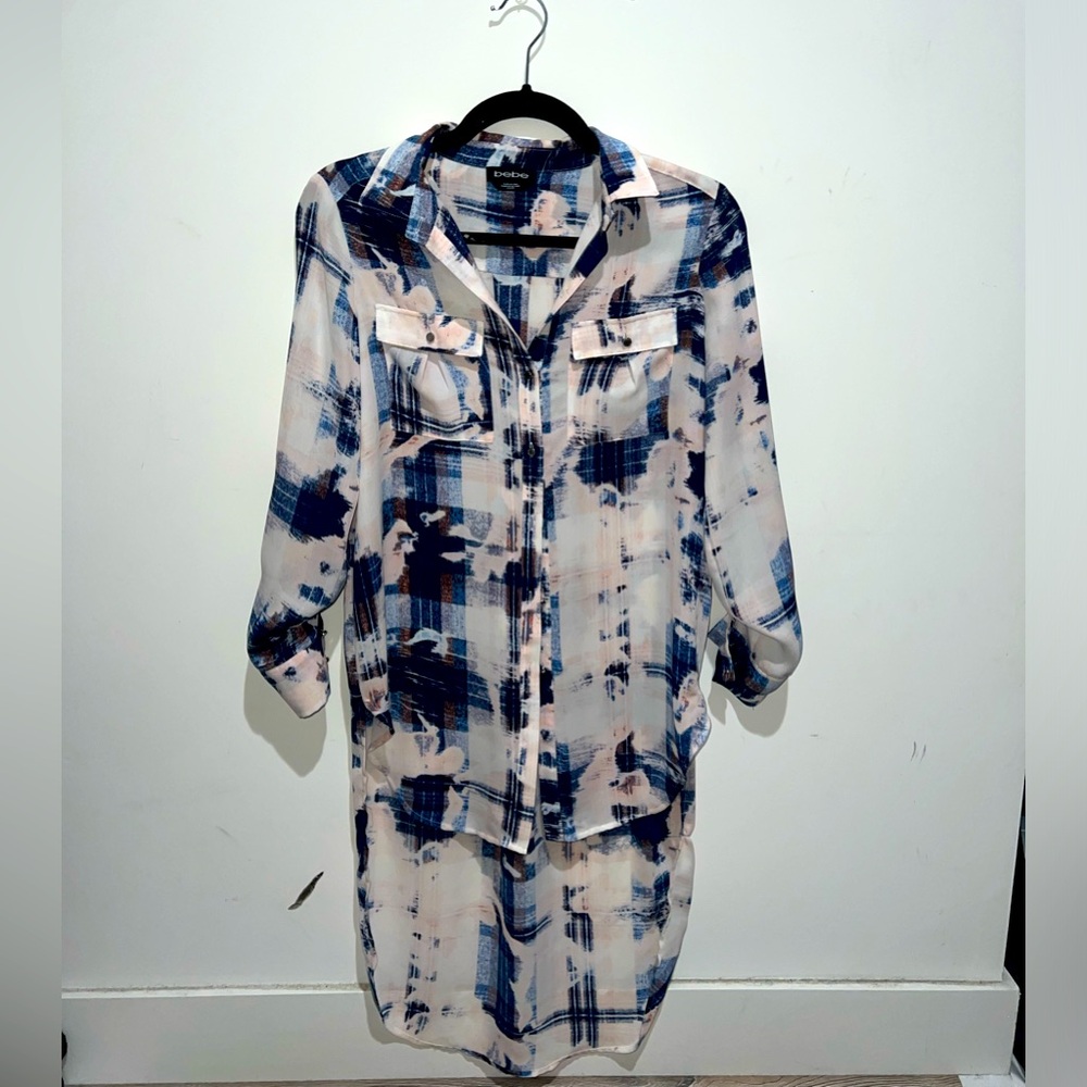 Bebe long blouse. Blue, white, pink top